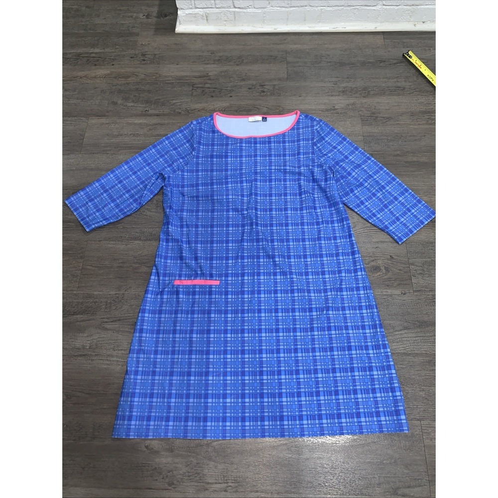 Cabana Life x Talbots Dress Womens 1X Blue Plaid 3/4 Sleeve Pink Trim Shift